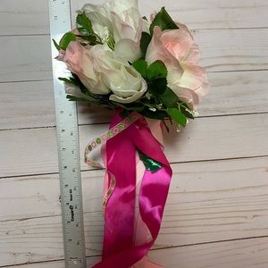 Faux Pink, White and Green Decorative Rose Flowers with Pink Ribbon